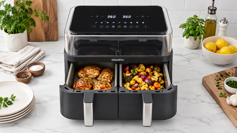 GreenPan Clearview 10QT Double air fryer with both ceramic nonstick drawers pulled open, one holding chicken thighs and the other roasted vegetables