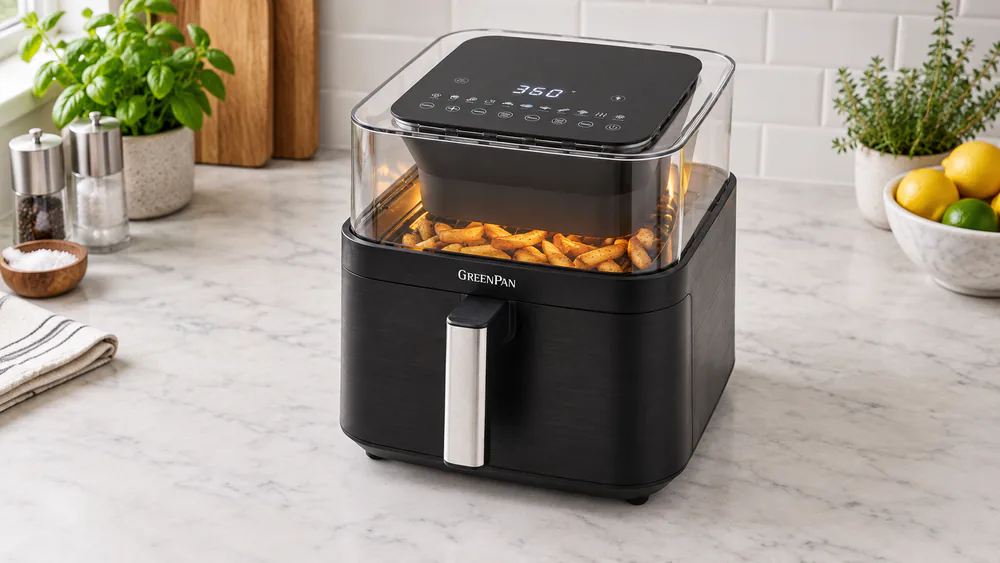 Crisp golden fries visible through the 360 degree clear lid of a GreenPan Clearview Extra Large 7QT air fryer mid-cook, interior light on