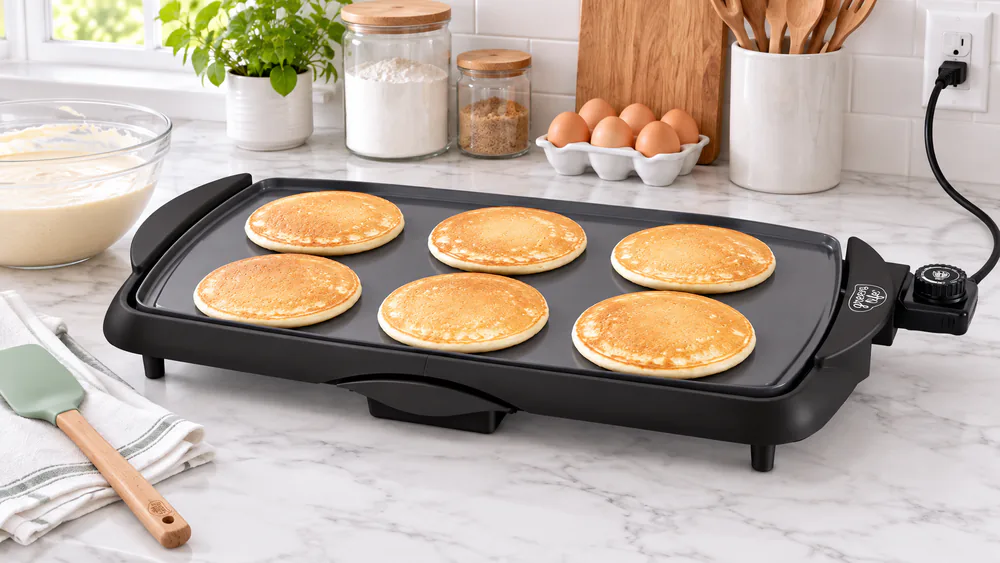 A GreenLife XL electric griddle holding a full row of golden pancakes beside a bowl of berries on a family kitchen counter