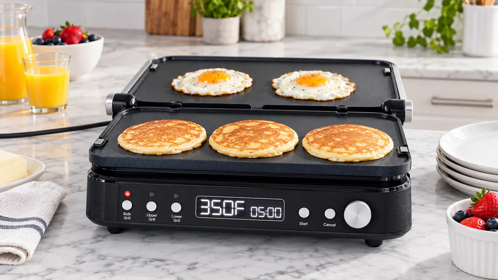 The GreenPan 6-in-1 opened flat with pancakes cooking on one plate and fried eggs on the other