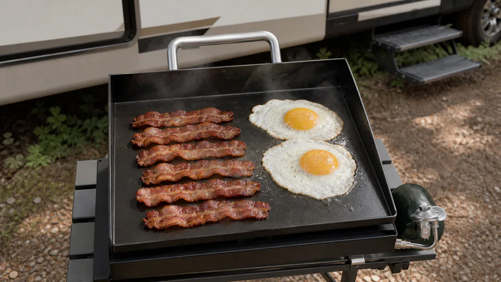 The Blackstone 17-Inch Tabletop Griddle on a folding stand, eggs and bacon cooking on its single-burner steel top.