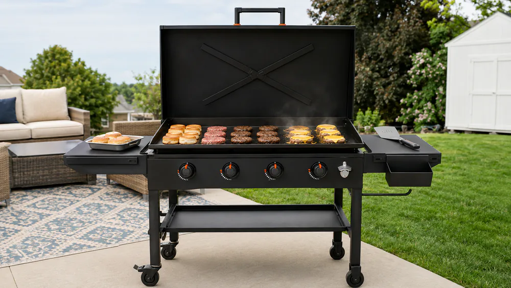 Smash burgers searing at different stages on the Blackstone 36-Inch Omnivore's wide cold-rolled steel top.
