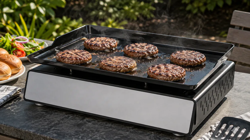 Burgers searing on the Royal Gourmet PD1301S's porcelain-coated steel top on a patio table.