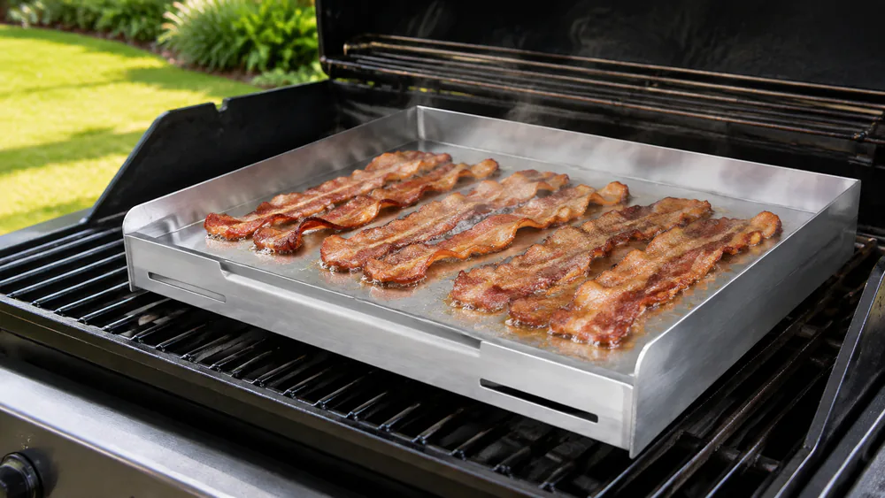 The Little Griddle Sizzle-Q stainless insert on a gas grill's grates, bacon sizzling inside its raised sidewalls.