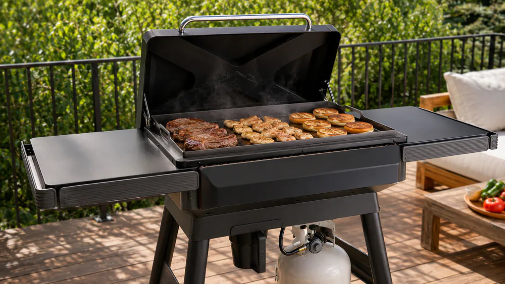 The Traeger Flatrock 3-Zone griddle with seared steak, chicken, and toasted buns in three separate heat zones.