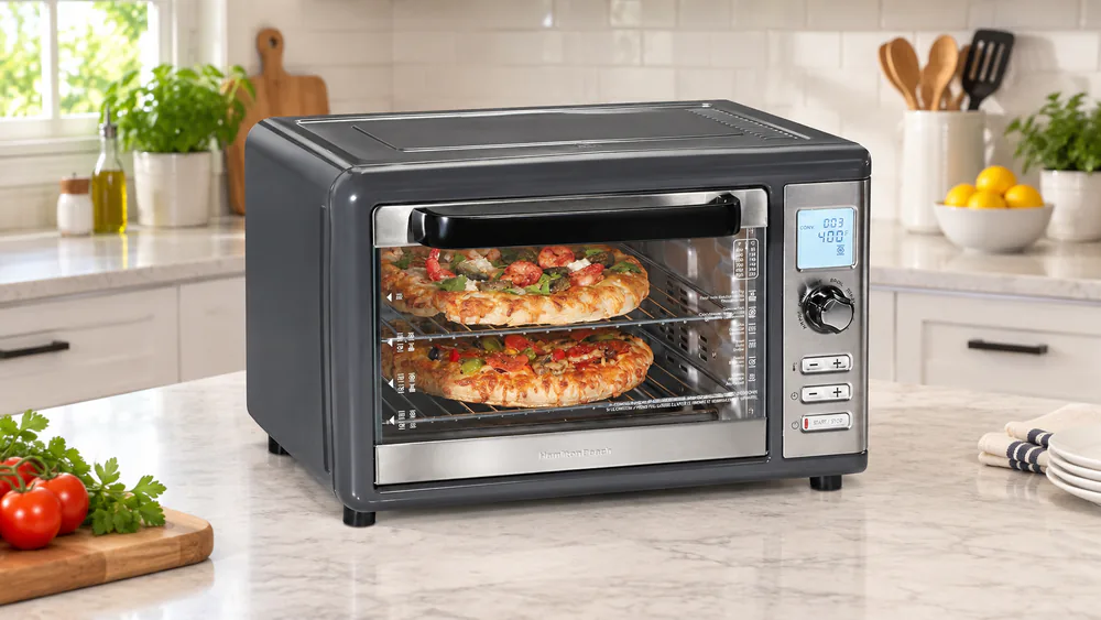 Hamilton Beach Sure-Crisp XL 31390 with two frozen pizzas, one on each of two vertically stacked racks