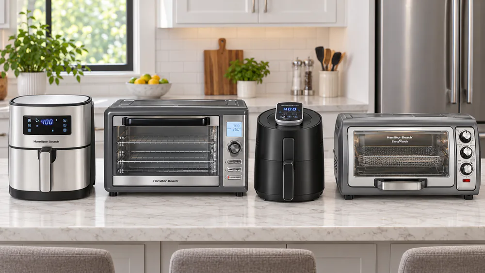Hamilton Beach basket air fryers and Sure-Crisp ovens lined up on a family kitchen counter before a test day