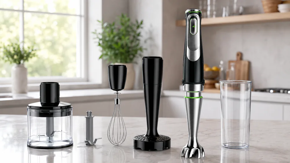 A Braun MultiQuick 9 with its six attachments arranged around it: chopper, ice knife, whisk, masher, wand, and beaker.