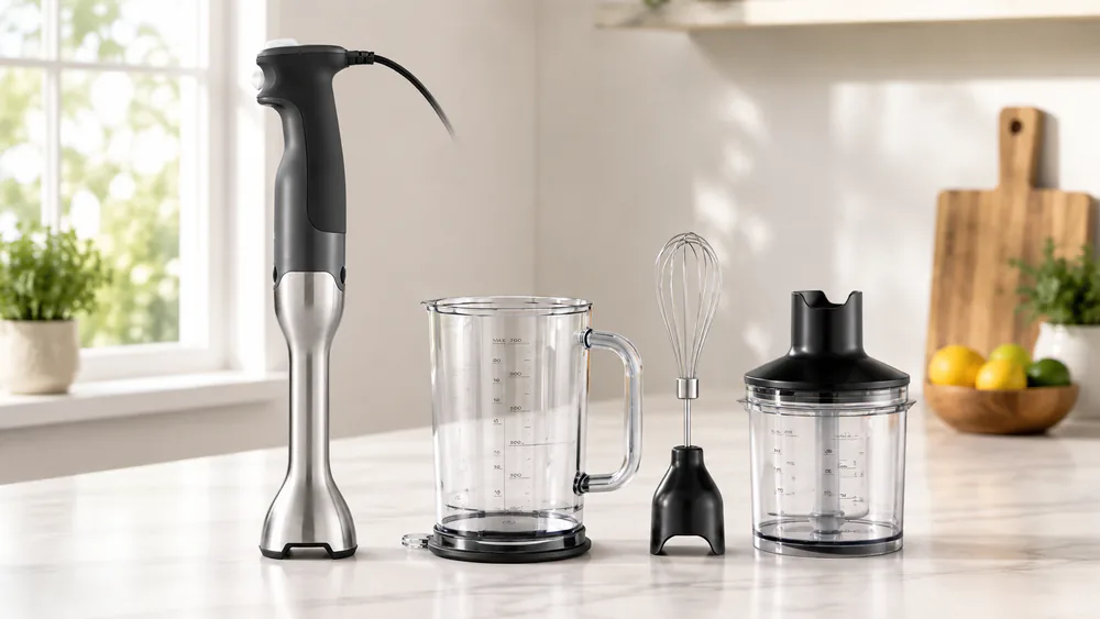 A Breville Control Grip Immersion Blender standing beside its 42-oz jug and whisk attachment on a counter.