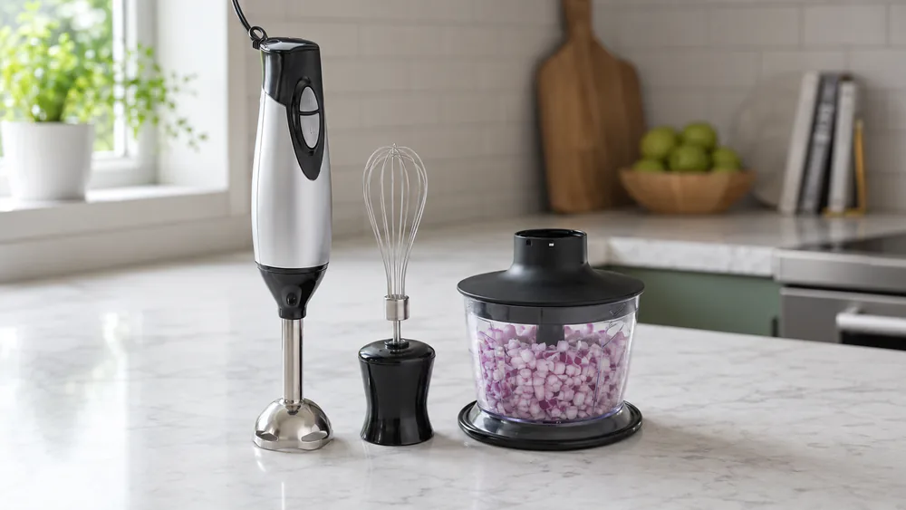 A Hamilton Beach 4-in-1 hand blender beside its mini chopper bowl full of diced onion.