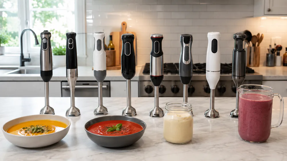 Eight hand blenders lined up on a kitchen counter beside bowls of soup, a jar of mayonnaise, and a pitcher of smoothie.