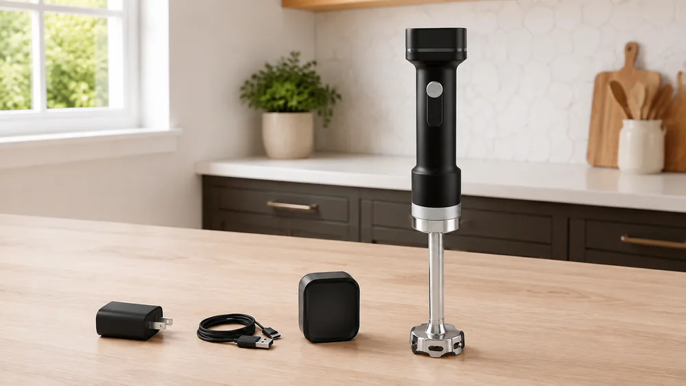 A cordless KitchenAid Go hand blender resting on a counter next to its USB-C adapter, no cord in sight.