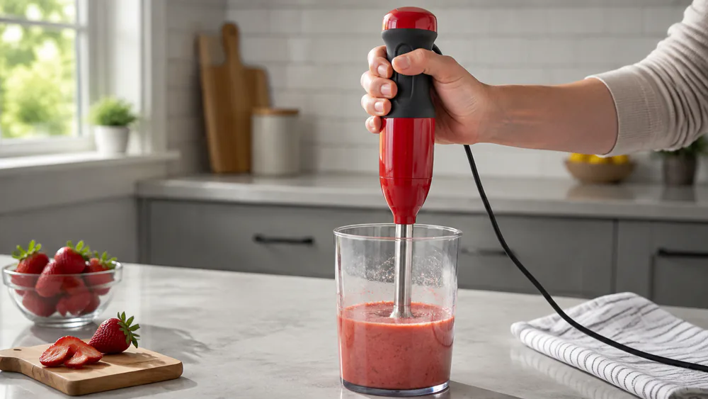 A KitchenAid Two-Speed hand blender working a strawberry smoothie in its 3-cup jar on a kitchen counter.