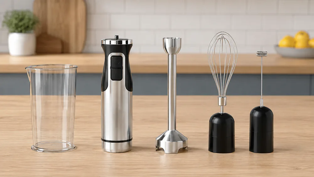 A Mueller Ultra-Stick with its stainless shaft, whisk, milk frother, and measuring beaker laid out on a counter.