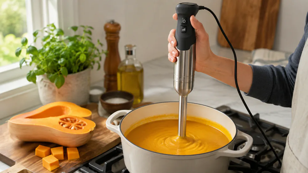 A hand holding a Vitamix 5-Speed in a pot of orange butternut squash soup, the bell guard submerged.