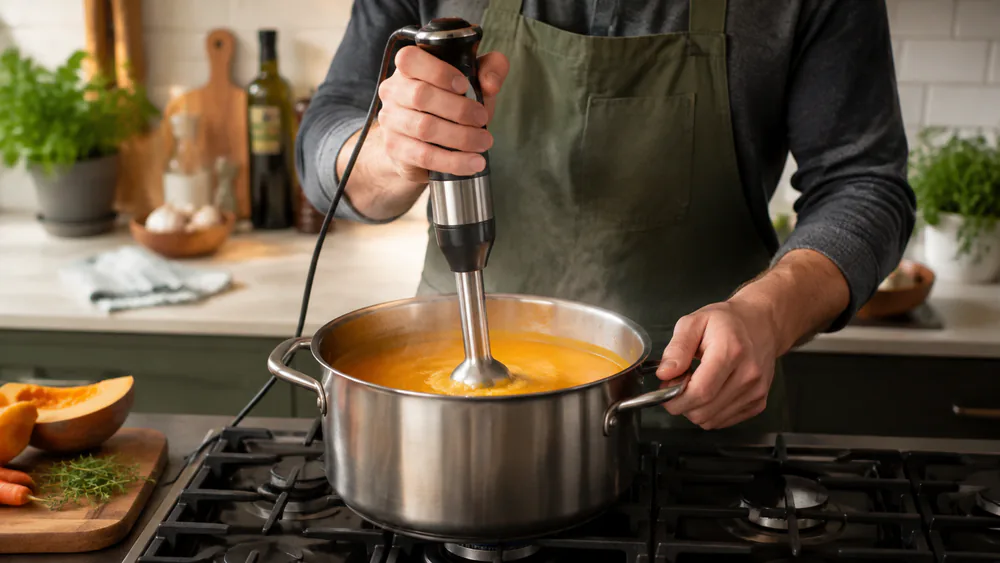 A hand wand blender pureeing hot soup right in the pot, blade guard just below the surface, steam rising from the pot.