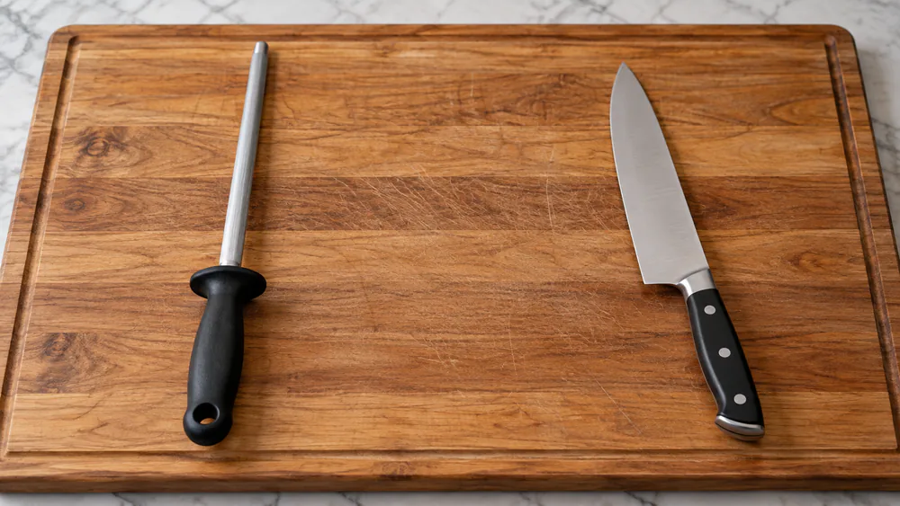 A honing rod and kitchen knife laid separately on a stable wooden board