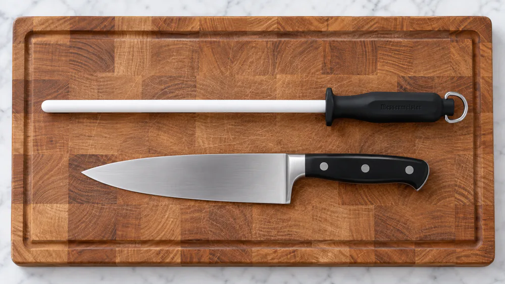 A 12-inch Messermeister ceramic rod lying beside a chef's knife on a cutting board to show the working length