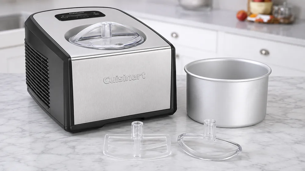 The Cuisinart ICE-100 with its compressor bowl and two paddles side by side.