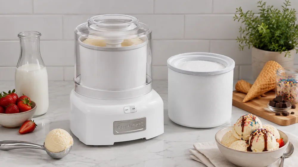 The Cuisinart ICE-21P1 churning a vanilla batch with its clear lid locked.