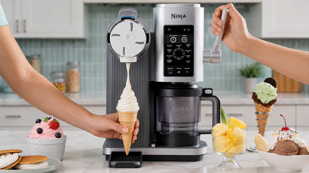 The Ninja CREAMi Scoop & Swirl NC701 dispensing soft serve into a cone.