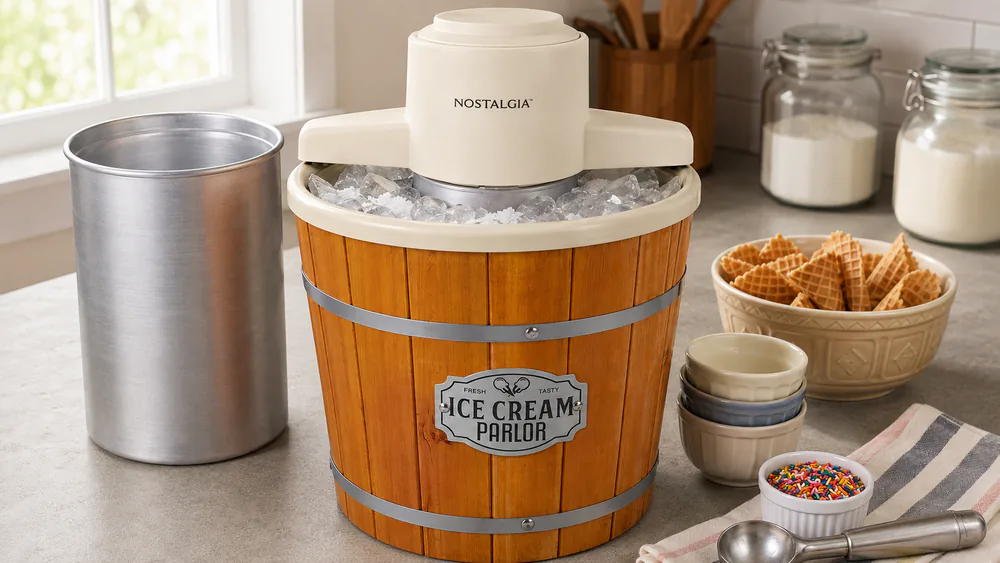 The Nostalgia WICM4L wooden bucket packed with ice and salt.