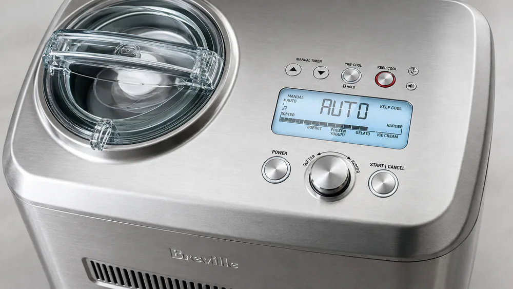 Close view of the Breville Smart Scoop control console showing the hardness dial and pre-set programs for sorbet, frozen yogurt, gelato, and ice cream.