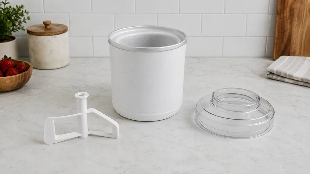A Cuisinart ICE-21P1 double-insulated freezer bowl with its mixing paddle and easy-lock lid laid out on a kitchen counter, the bowl still frosted from the freezer.