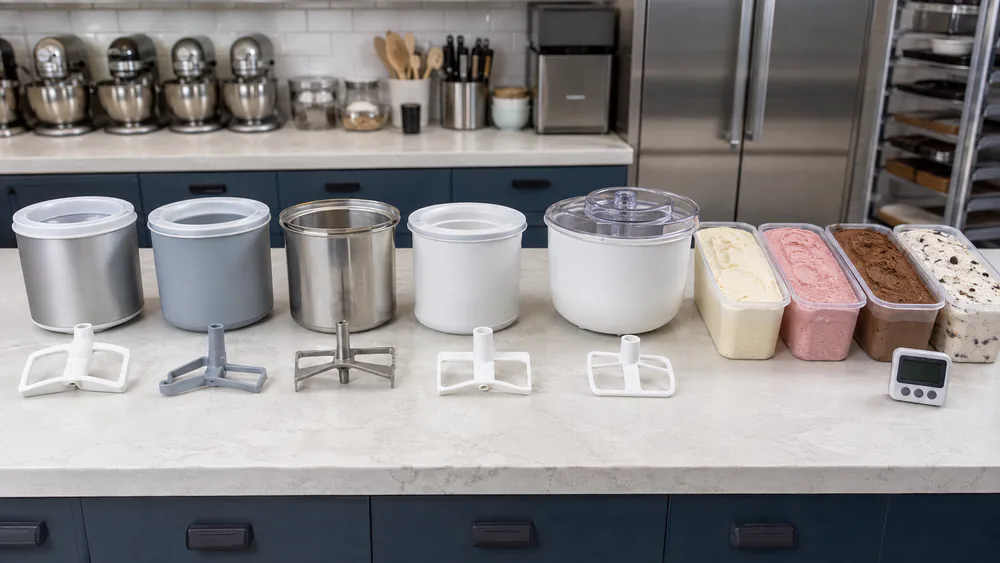 Several ice cream maker bowls, paddles, and Creami pints lined up on a test-kitchen counter mid-batch, a timer visible in the frame.