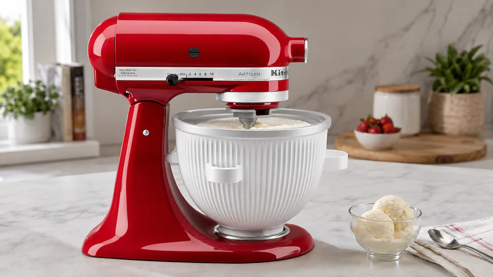 The KitchenAid ice cream maker attachment bowl locked onto the hub of a stand mixer mid-churn.