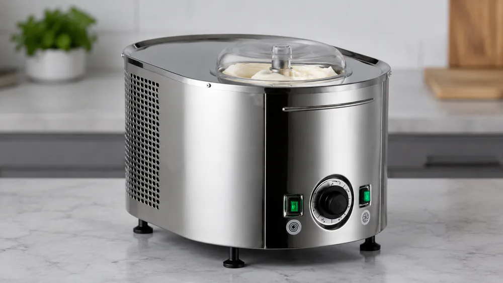 A stainless Lello 4080 Musso Lussino churning a gelato batch, the mixing paddle visible through the lid.
