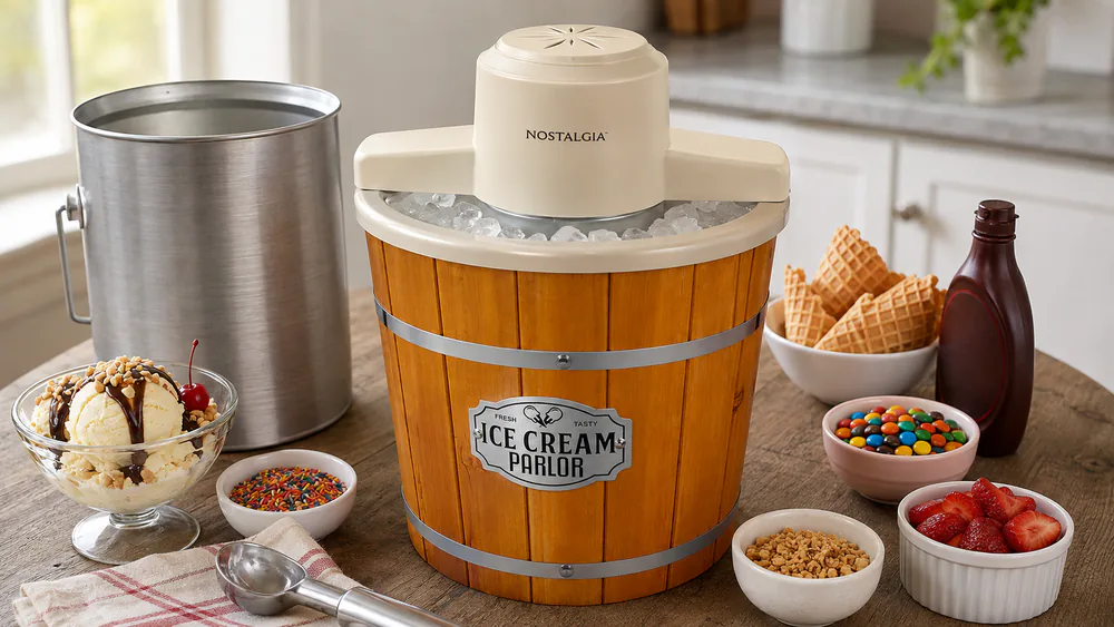 A Nostalgia 4-quart wooden bucket ice cream maker packed with ice and rock salt, the aluminum canister and see-through lid in place.