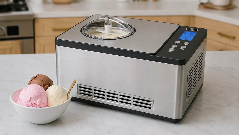 A Whynter ICM-200LS compressor machine churning a batch of ice cream, the aluminum bowl visible through the lid.