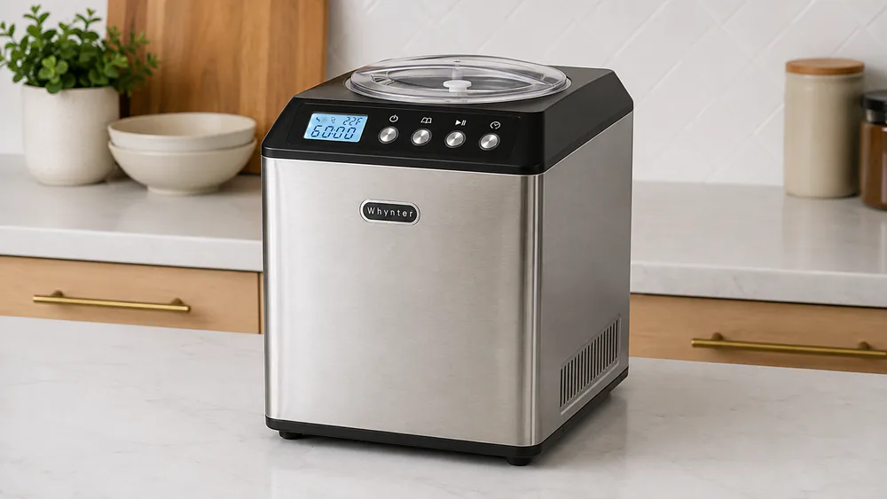 A stainless Whynter ICM-201SB upright compressor ice cream maker running on a kitchen counter, bowl in place and the soft-touch LCD timer visible.