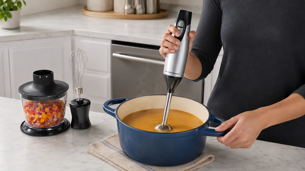 A hand holding the Hamilton Beach Two-Speed over a Dutch oven of soup, the short wand fully submerged with the motor body clear of the steam.