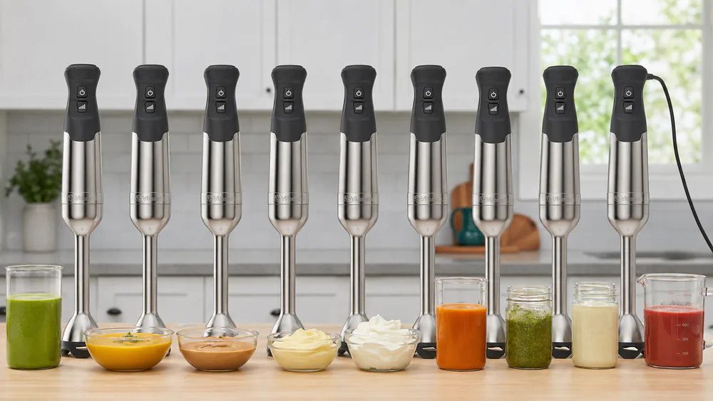 Nine immersion blenders lined up on a test kitchen bench with bowls of soup, glasses of smoothie, jars of mayonnaise, and a bowl of whipped cream at different stages.
