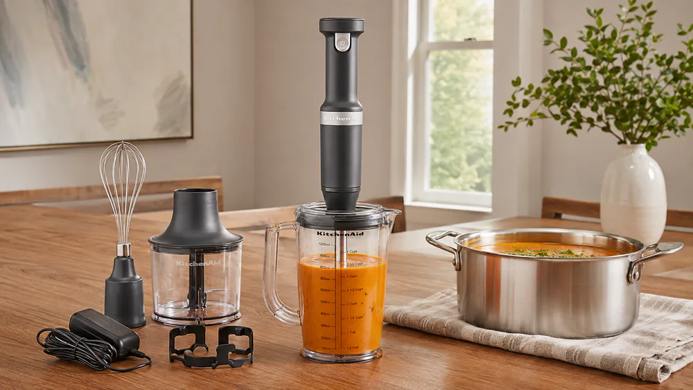 The KitchenAid Cordless blending a pitcher of soup on a dining table, no cord visible, a stockpot beside it.