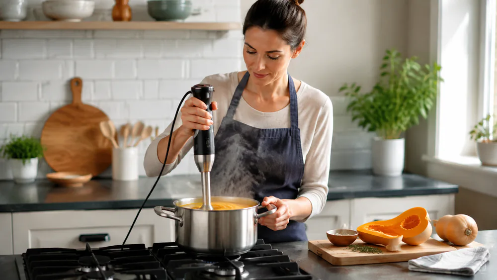 A tester pureeing hot butternut squash soup directly in a stainless pot with an immersion hand blender, steam rising and no splatter on the stovetop.