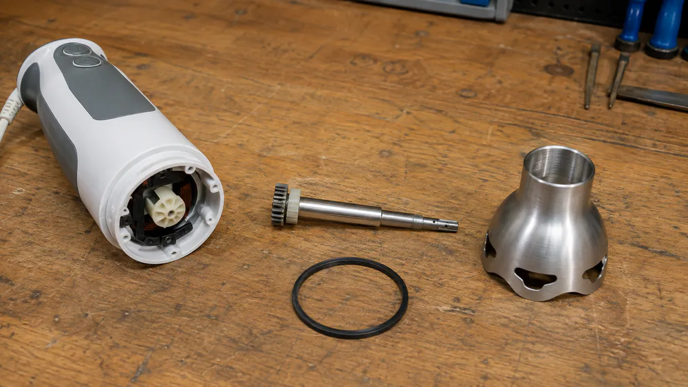 An immersion blender motor housing opened on a workbench, with the drive shaft, gasket, and blade guard disassembled for inspection.