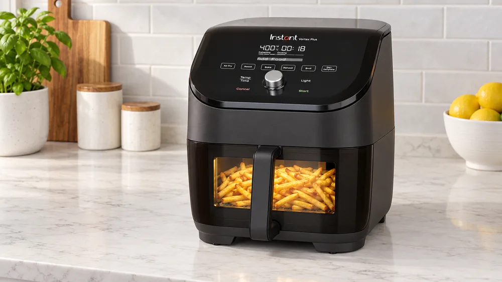 The Instant Vortex Plus ClearCook window lit from inside, showing french fries in the basket
