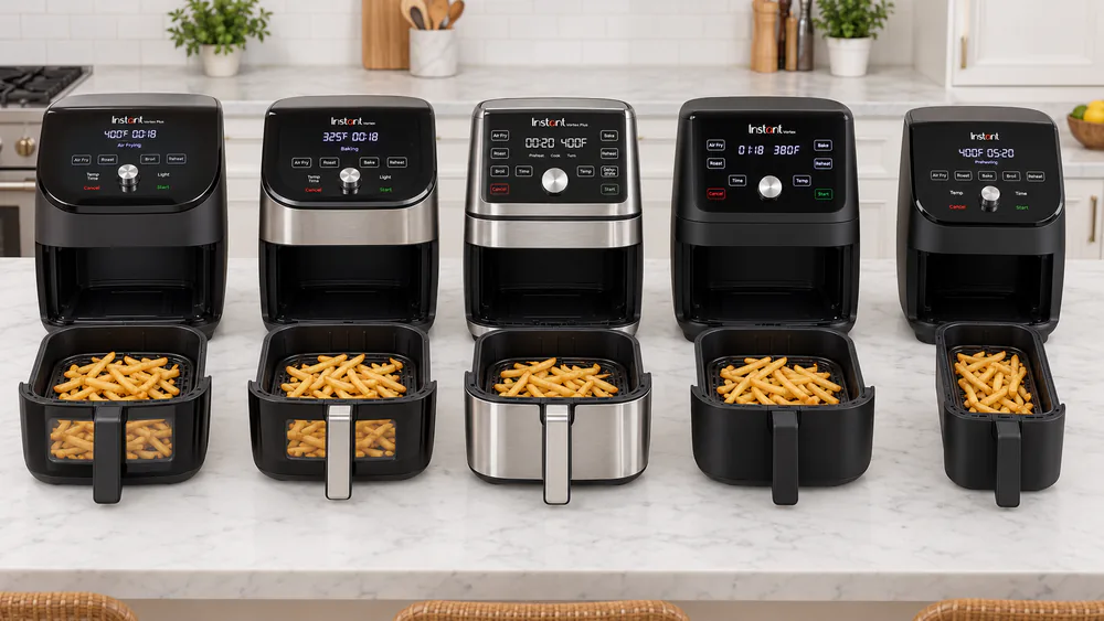 Five Instant Vortex 6-quart baskets pulled open side by side on a counter, each holding the same portion of french fries for comparison