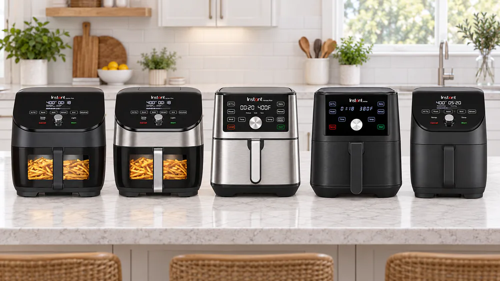 Five Instant Vortex 6-quart air fryers lined up on a kitchen counter, showing the windowed, stainless, and slim rectangular designs side by side