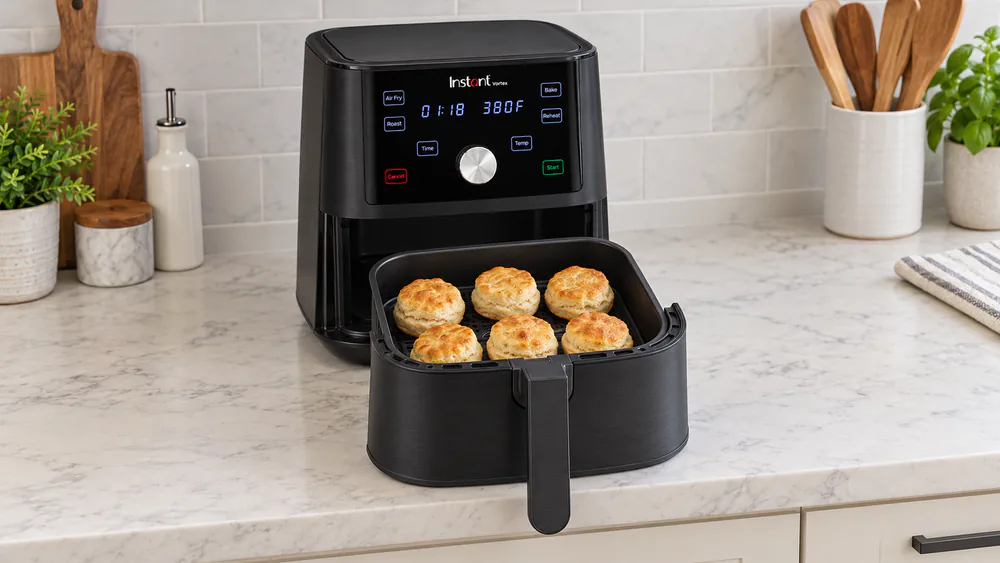 The Instant Vortex 6QT 4-in-1 basket pulled open to show golden baked biscuits on the nonstick surface