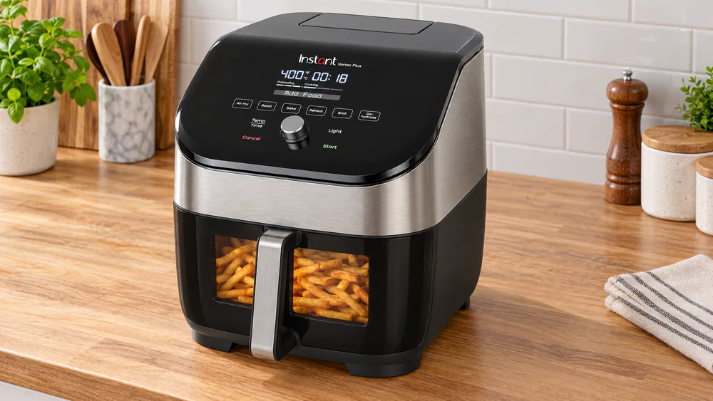 The top of an Instant Vortex Plus Odor Erase air fryer showing the replaceable filter housing above the cooking chamber