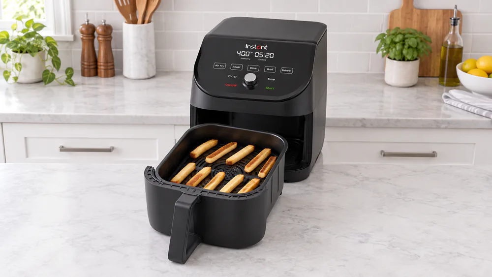 The Instant Vortex Slim 6QT low rectangular basket pulled open, showing a single spaced layer of french fries