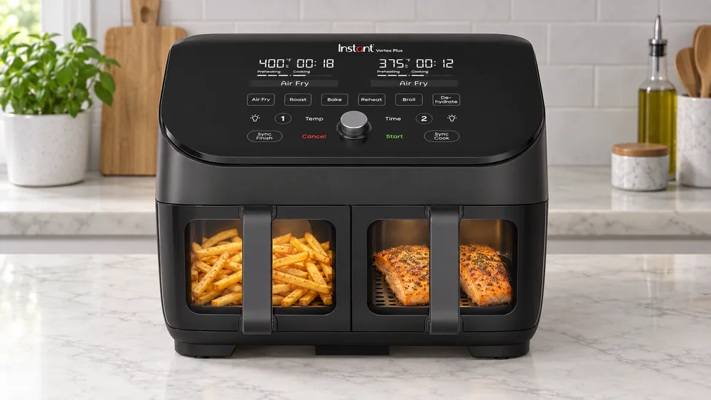 An Instant Vortex Plus Dual 8-Quart ClearCook air fryer with both drawers lit, fries browning in the left window and salmon fillets in the right window