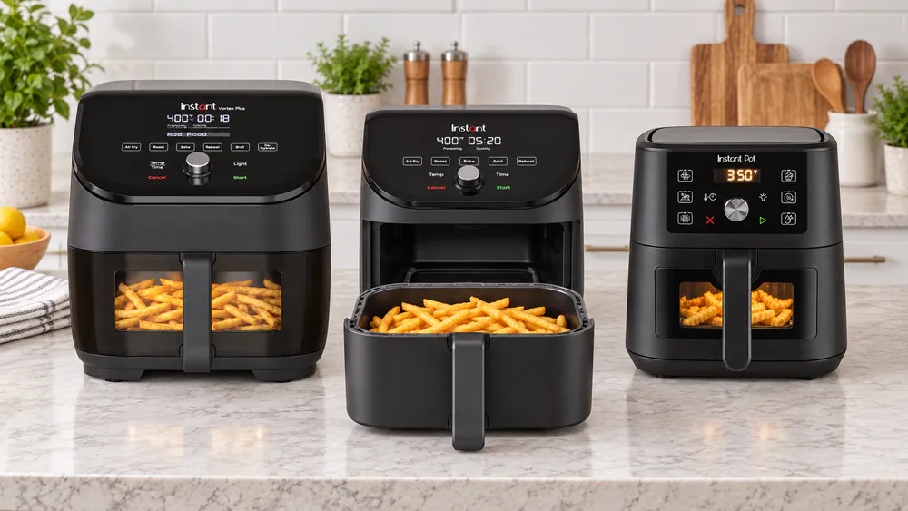 Three Instant Vortex air fryers lined up on a kitchen counter, a black Vortex Plus 6-quart with a lit ClearCook window, a low rectangular Vortex Slim and a compact Vortex Mini, with a basket of golden fries in front