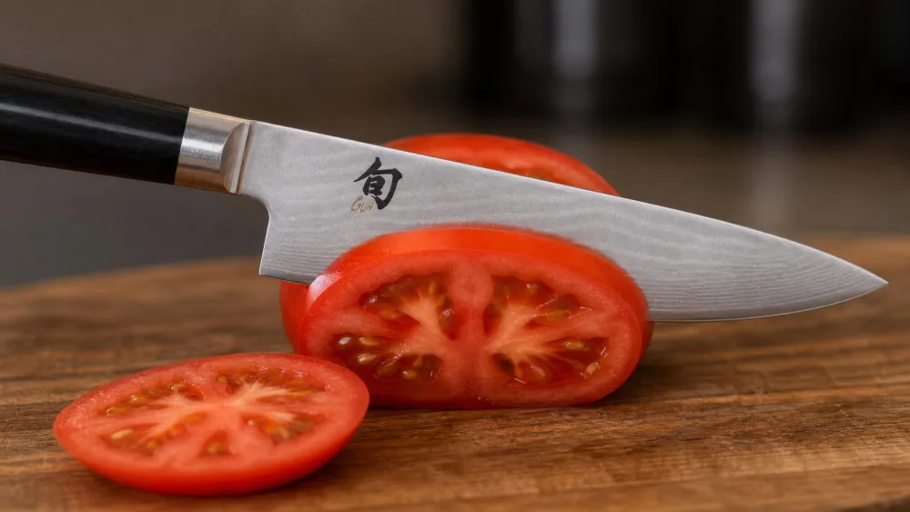 A Shun Classic 8-inch chef's knife slicing through a ripe tomato on a cutting board, the edge passing cleanly with no pressure.