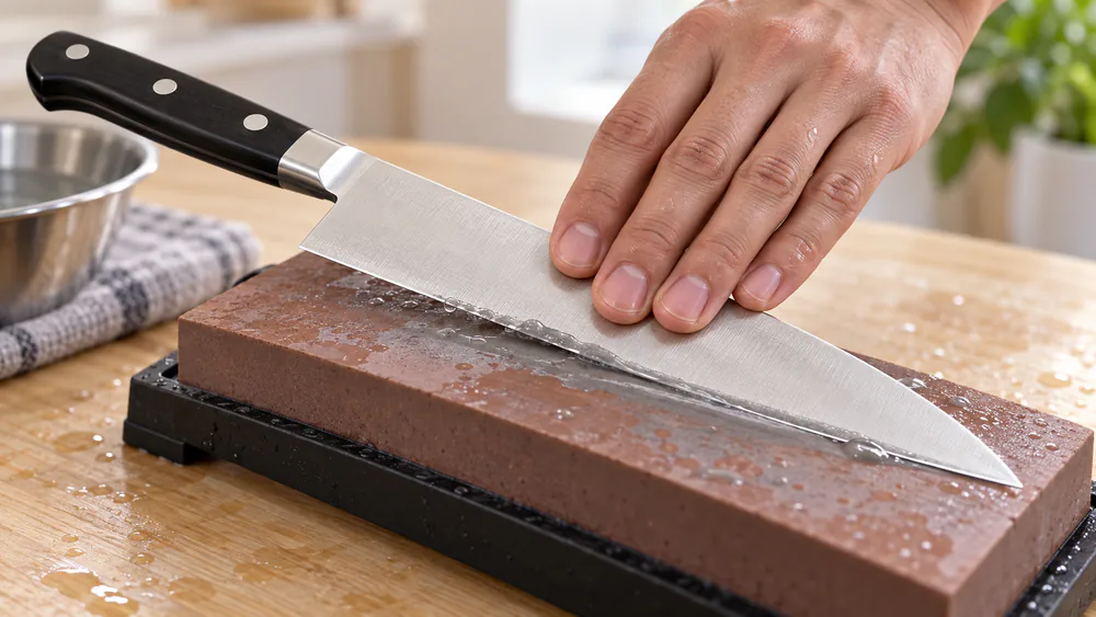 A Tojiro DP gyuto being sharpened on a whetstone, a thin line of water and steel slurry at the edge.