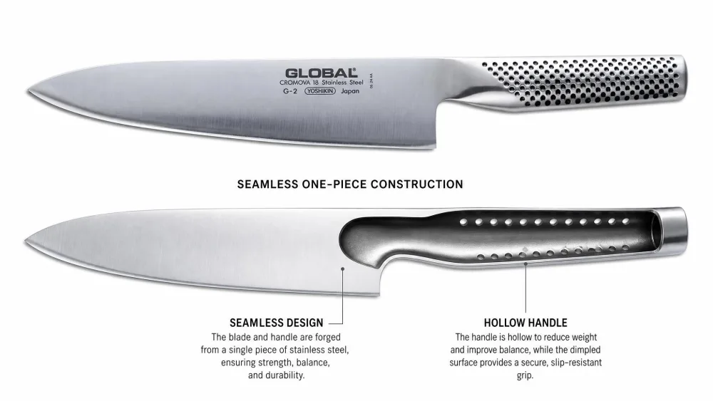 The Global G-2 chef's knife showing its seamless one-piece steel construction and hollow handle.